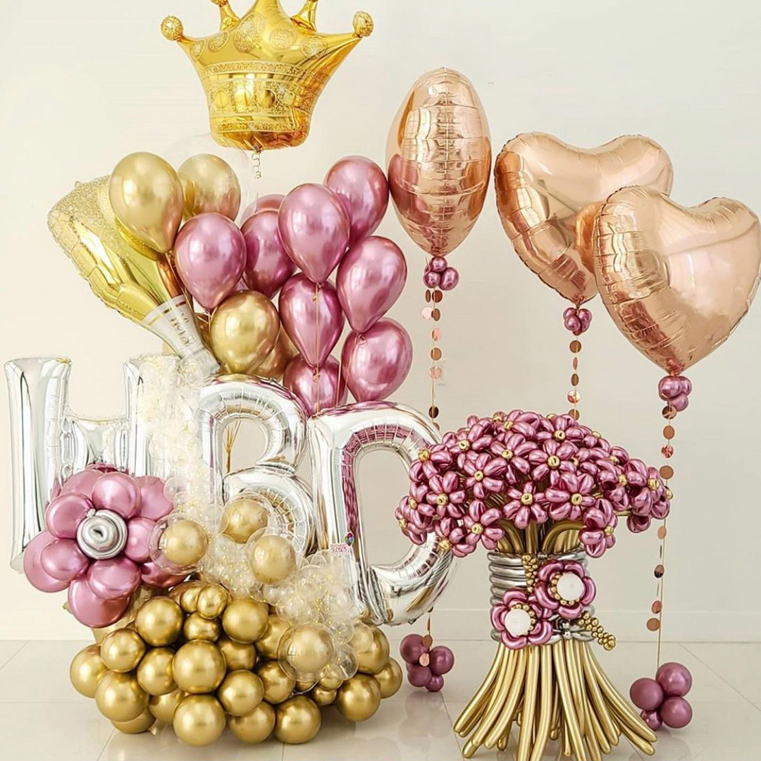 Silver, pink, rose gold, and gold balloons